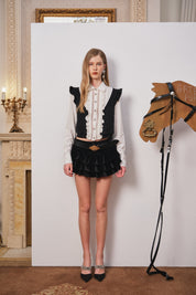 Black Velvet Tiered Belted Skirt