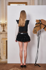 Black Velvet Tiered Belted Skirt