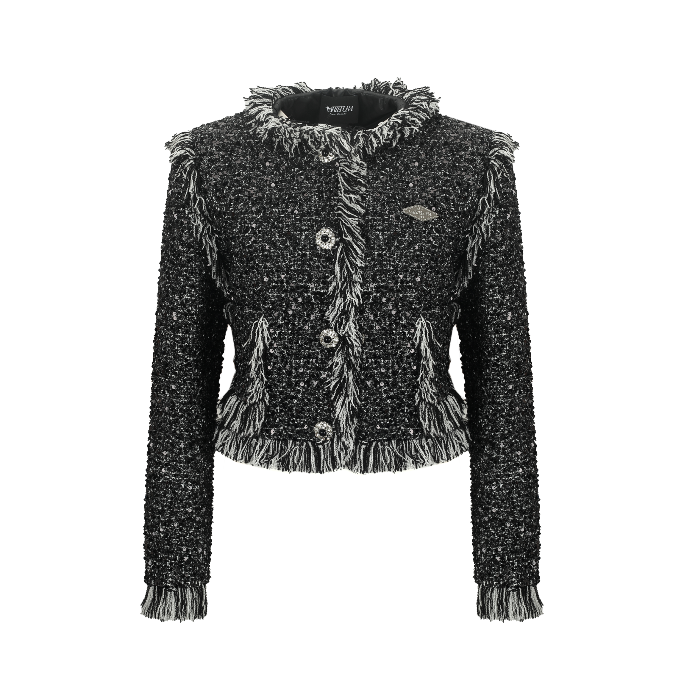 Black textured jacket with decorative buttons and fringes on a white background