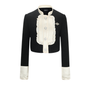 Black and white jacket with decorative elements on a white background
