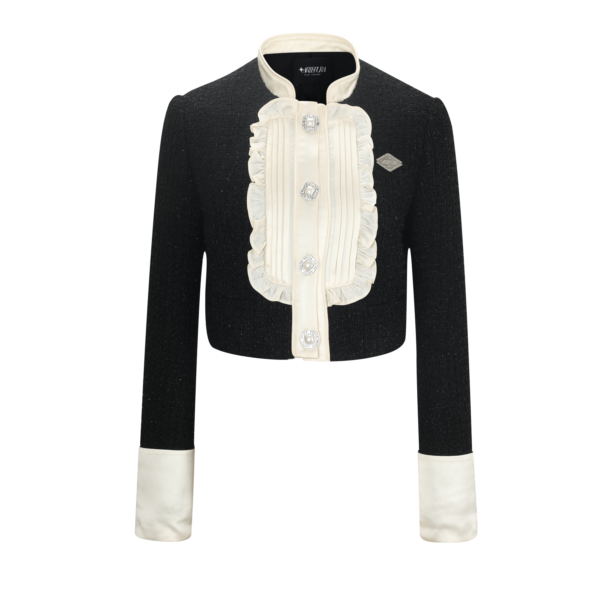 Black and white jacket with decorative elements on a white background