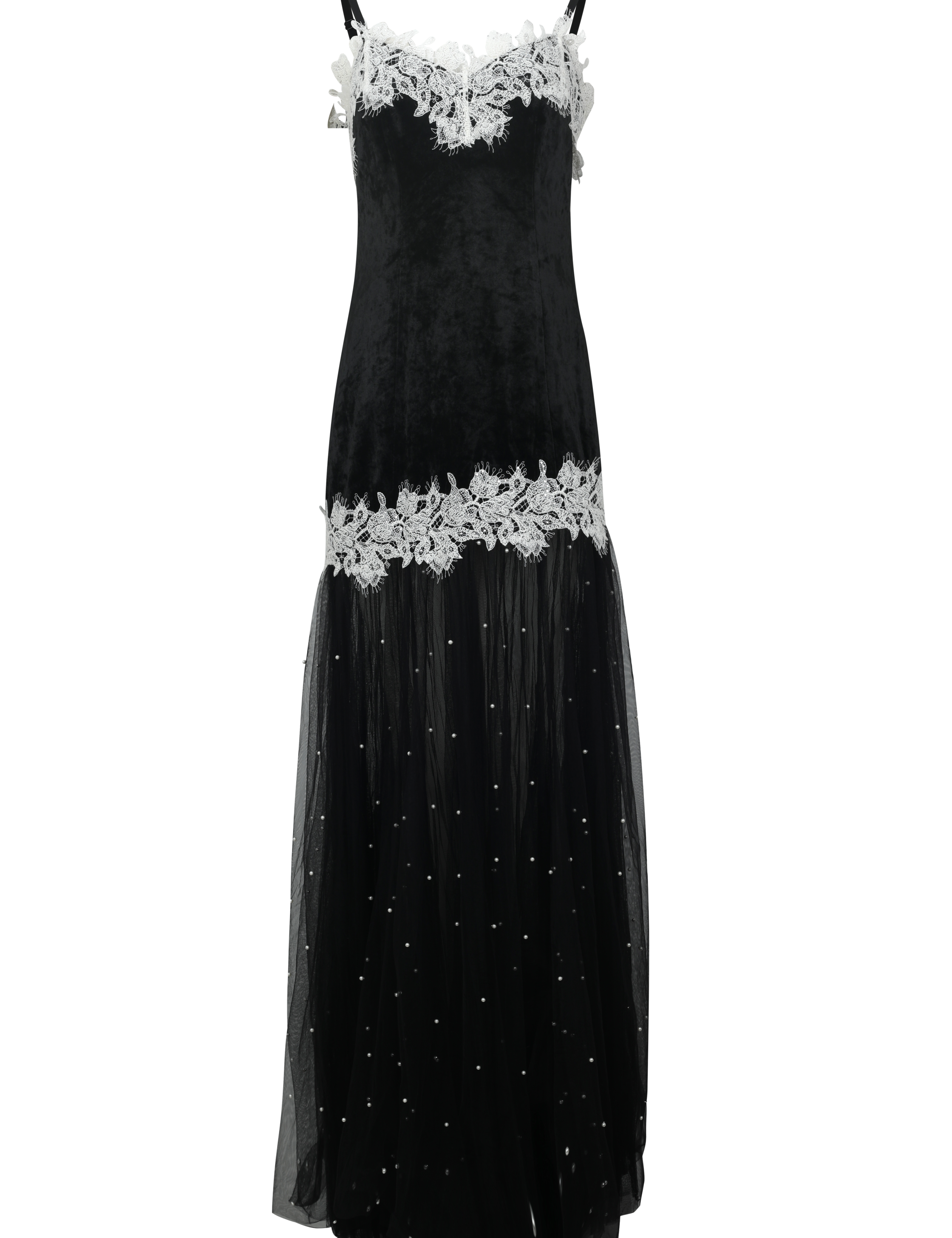 Black evening gown with white lace details on a white background