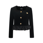 Black jacket with gold buttons and ruffled hem on a white background