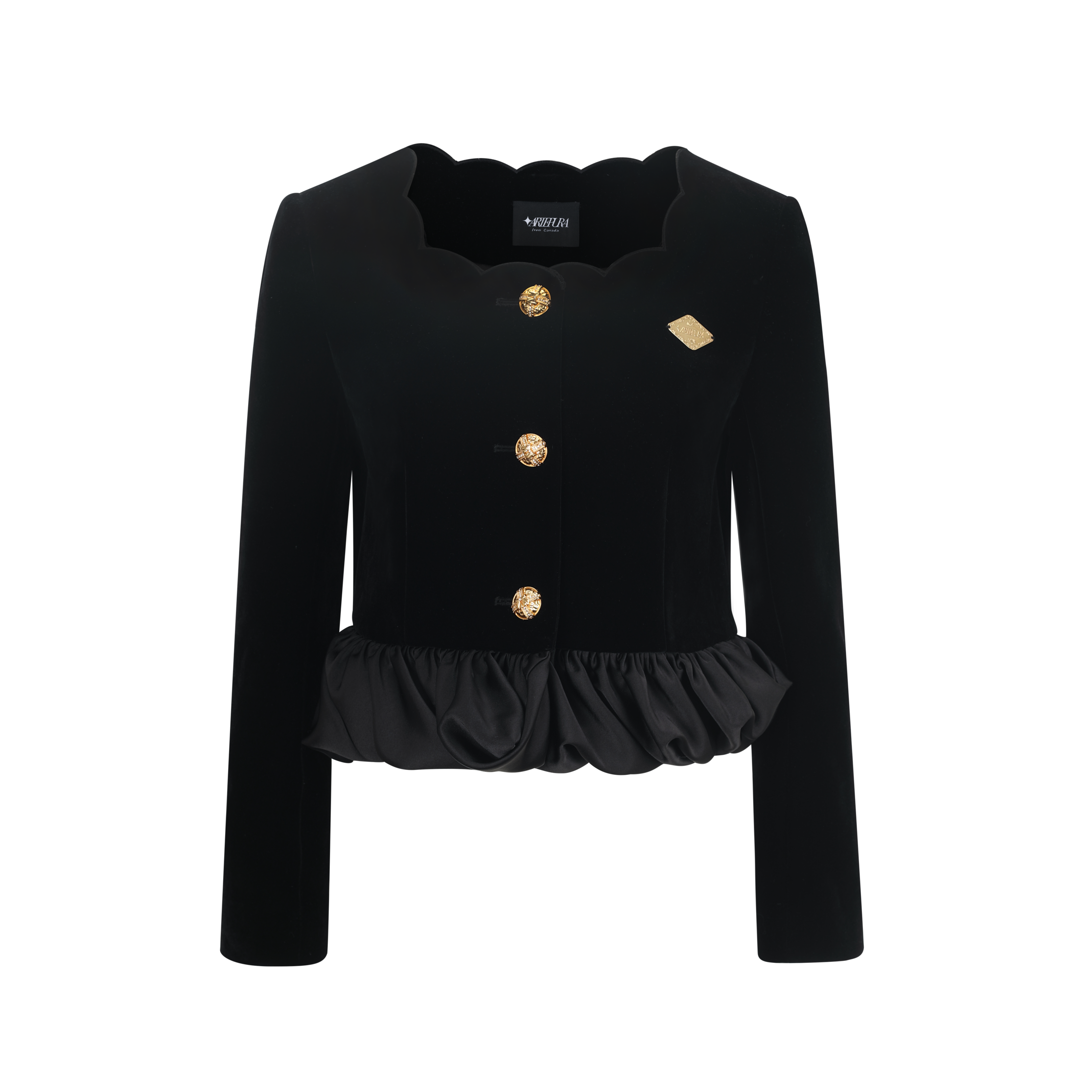 Black jacket with gold buttons and ruffled hem on a white background