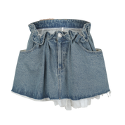 Denim skirt with ruffled hem on a white background