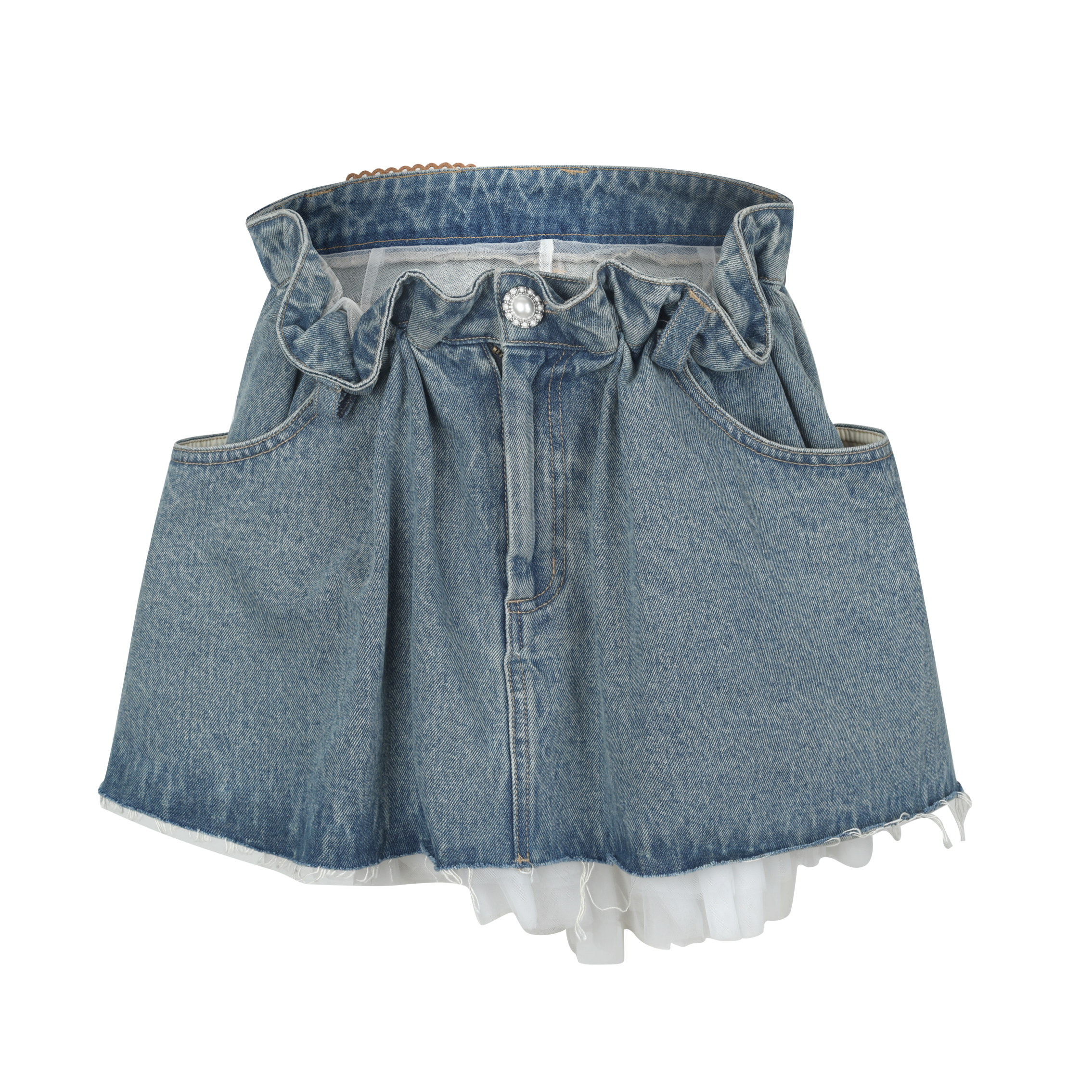 Denim skirt with ruffled hem on a white background