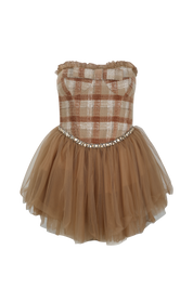 Brown checkered dress with tulle skirt on a white background