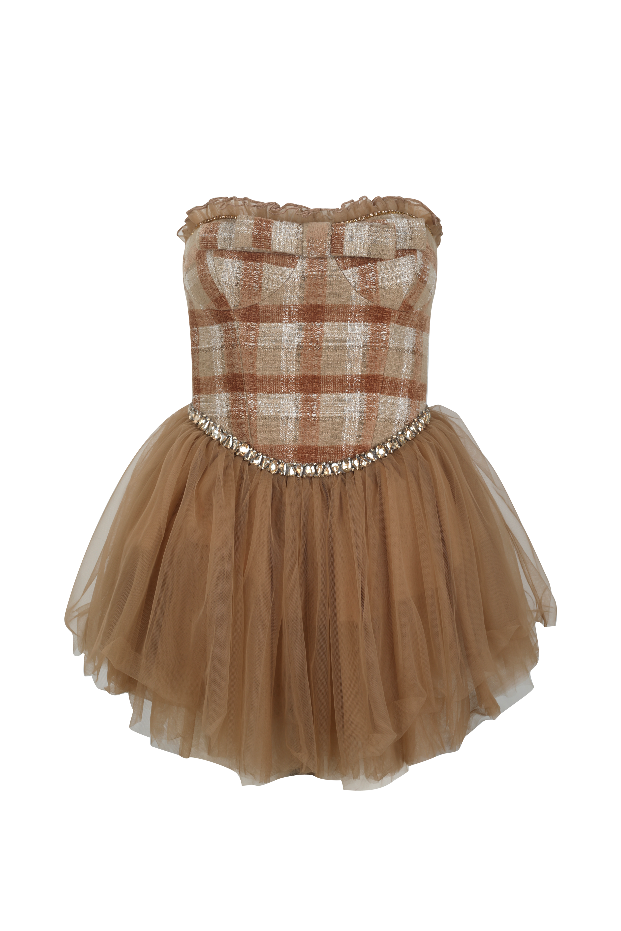Brown checkered dress with tulle skirt on a white background