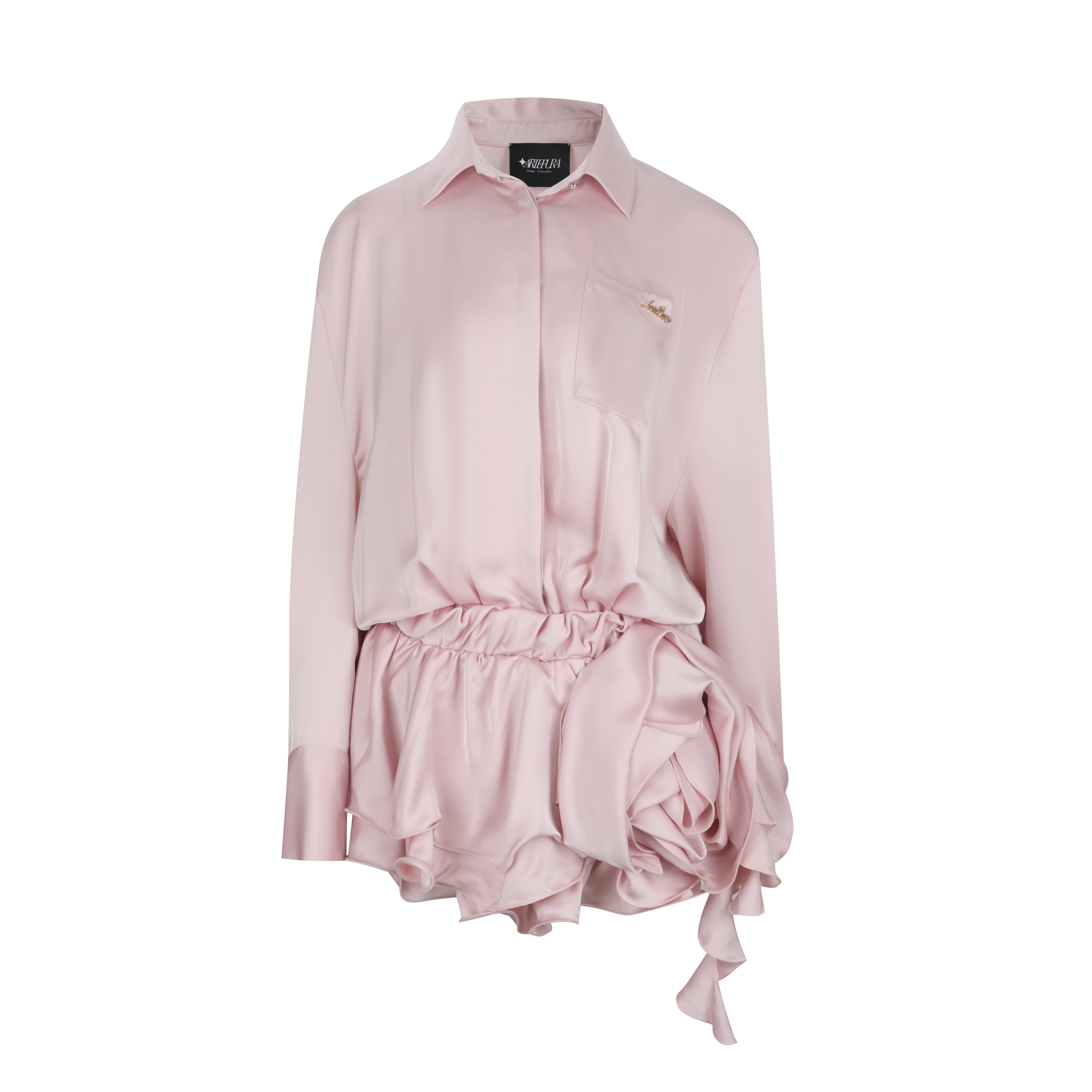 Pink shirt and shorts set with ruffled details on a white background