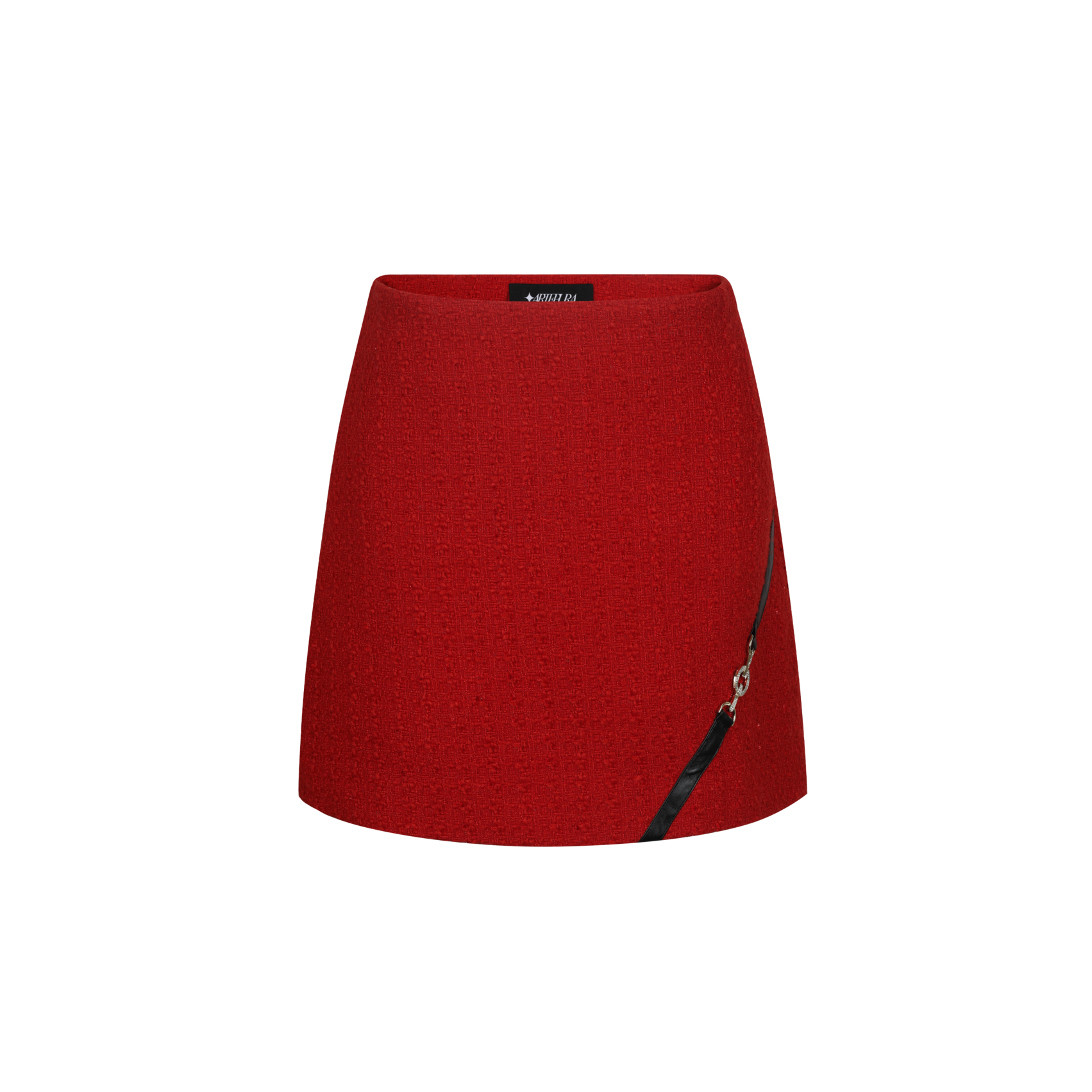 Red skirt with a black zipper on a white background