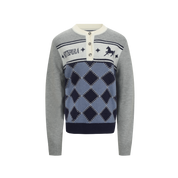 Gray sweater with argyle pattern and brand logo on a white background