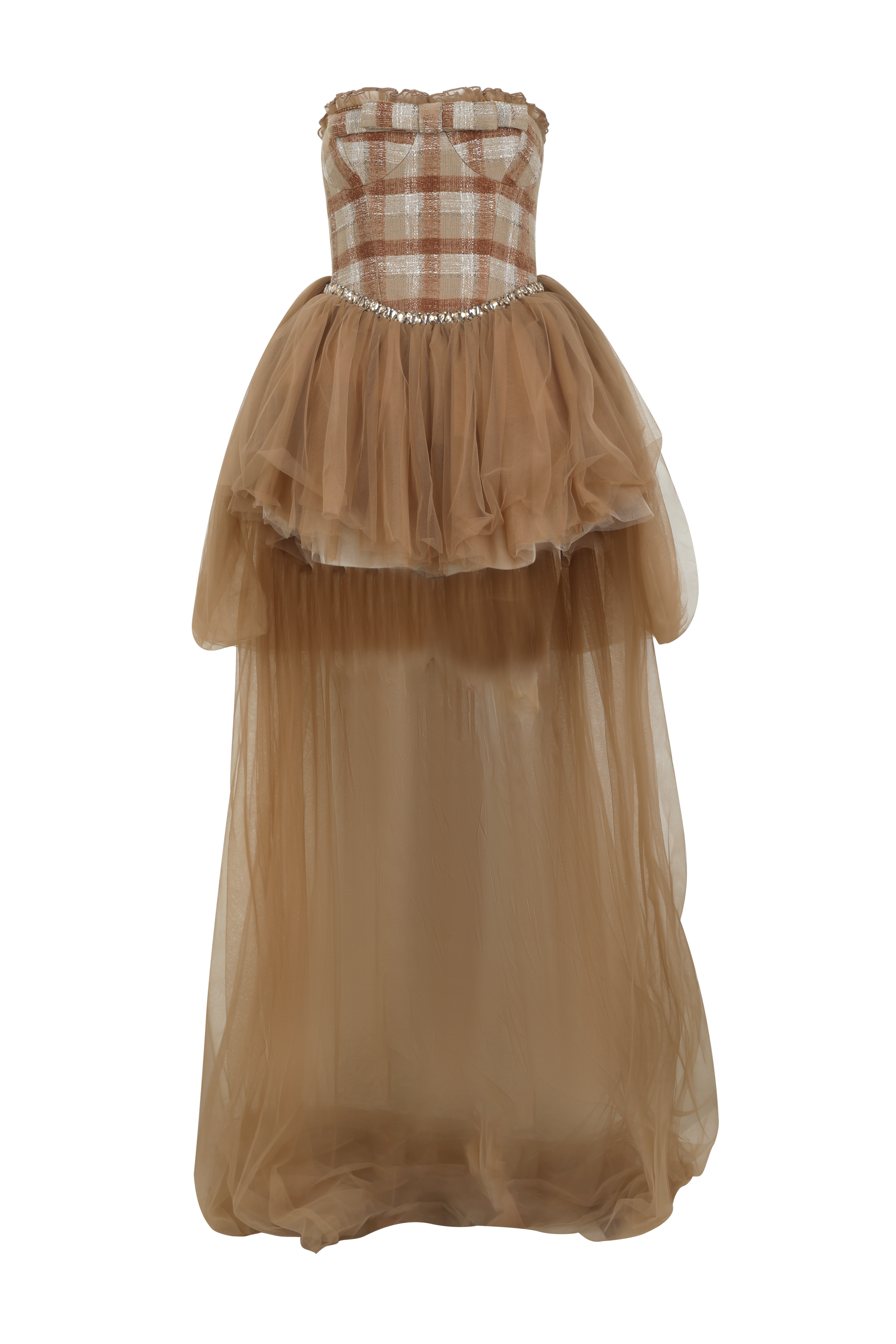 Brown strapless gown with plaid bodice on a white background