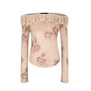 Floral-patterned top with lace trim on a white background