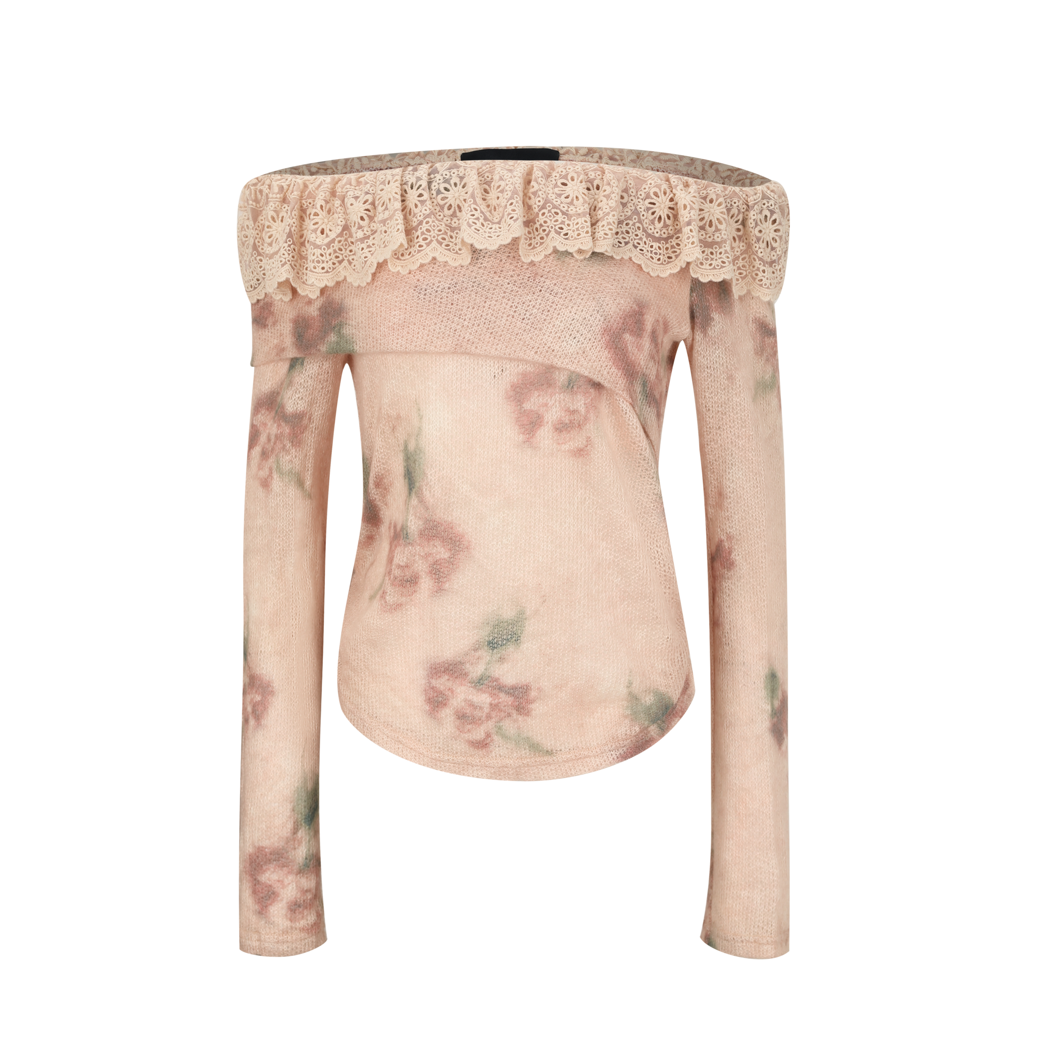 Floral-patterned top with lace trim on a white background