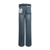 Blue Asymmetrical Lace Wide-Leg Denim Pants