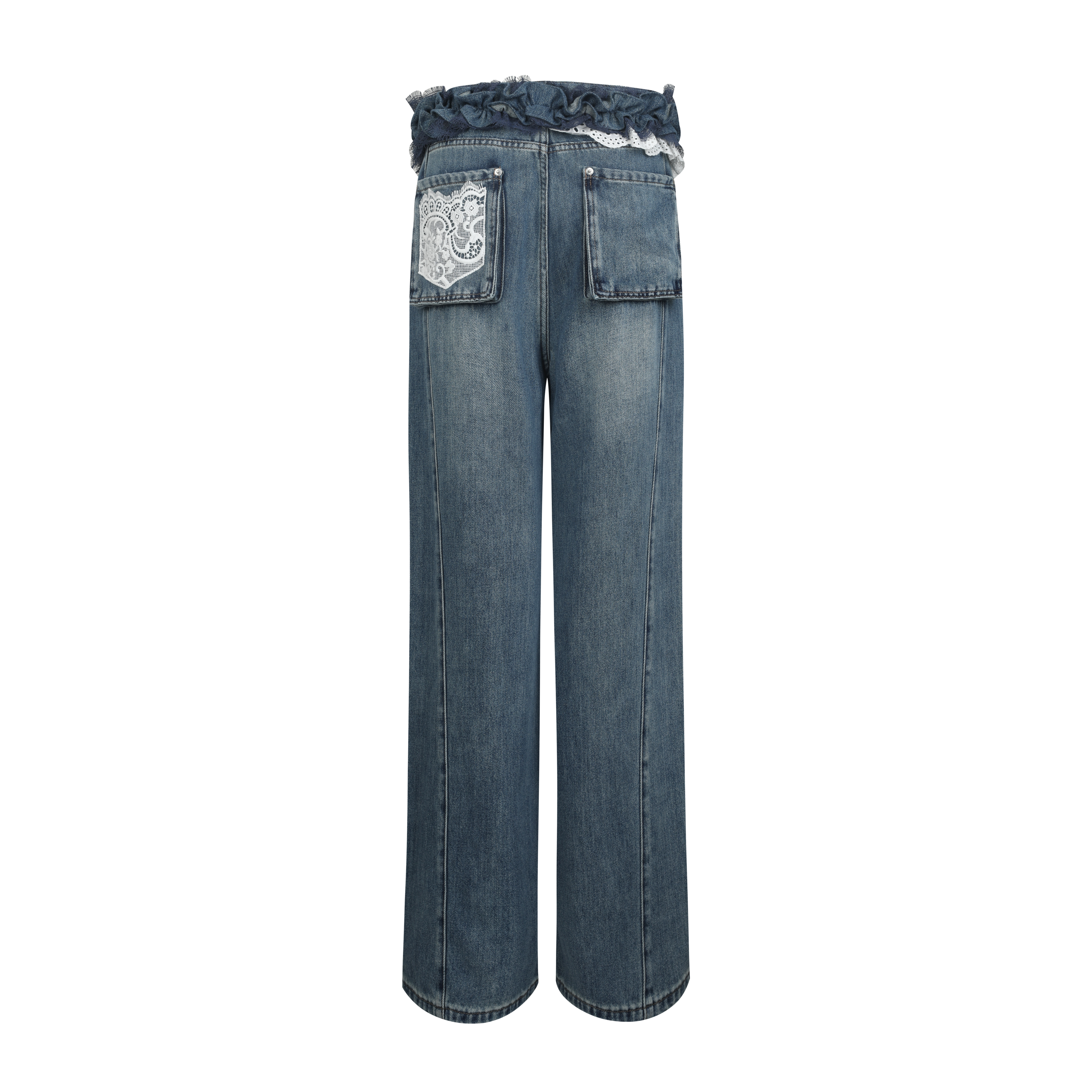Blue Asymmetrical Lace Wide-Leg Denim Pants