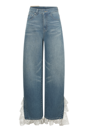 Light Blue Lace Wave-Hem Split Denim Pants