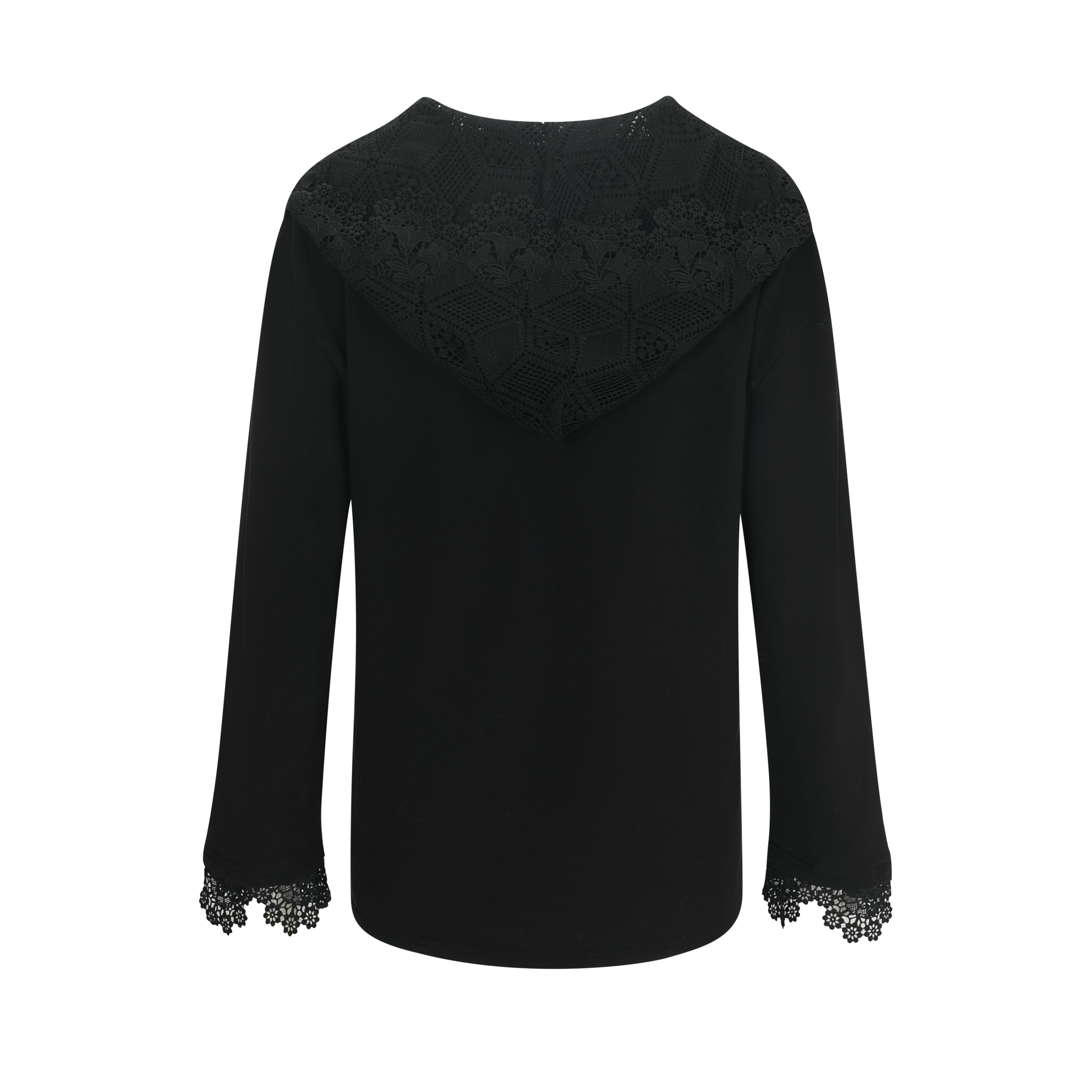 Black Printed Lace Hoodie Fleece Long T-Shirt