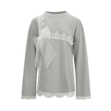 Grey Mesh Bow Contrast Lace Long-Sleeve Tee