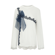 White Mesh Bow Contrast Lace Long-Sleeve Tee