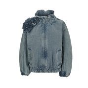 Blue Lace-Trim Floral Denim Drawstring Jacket