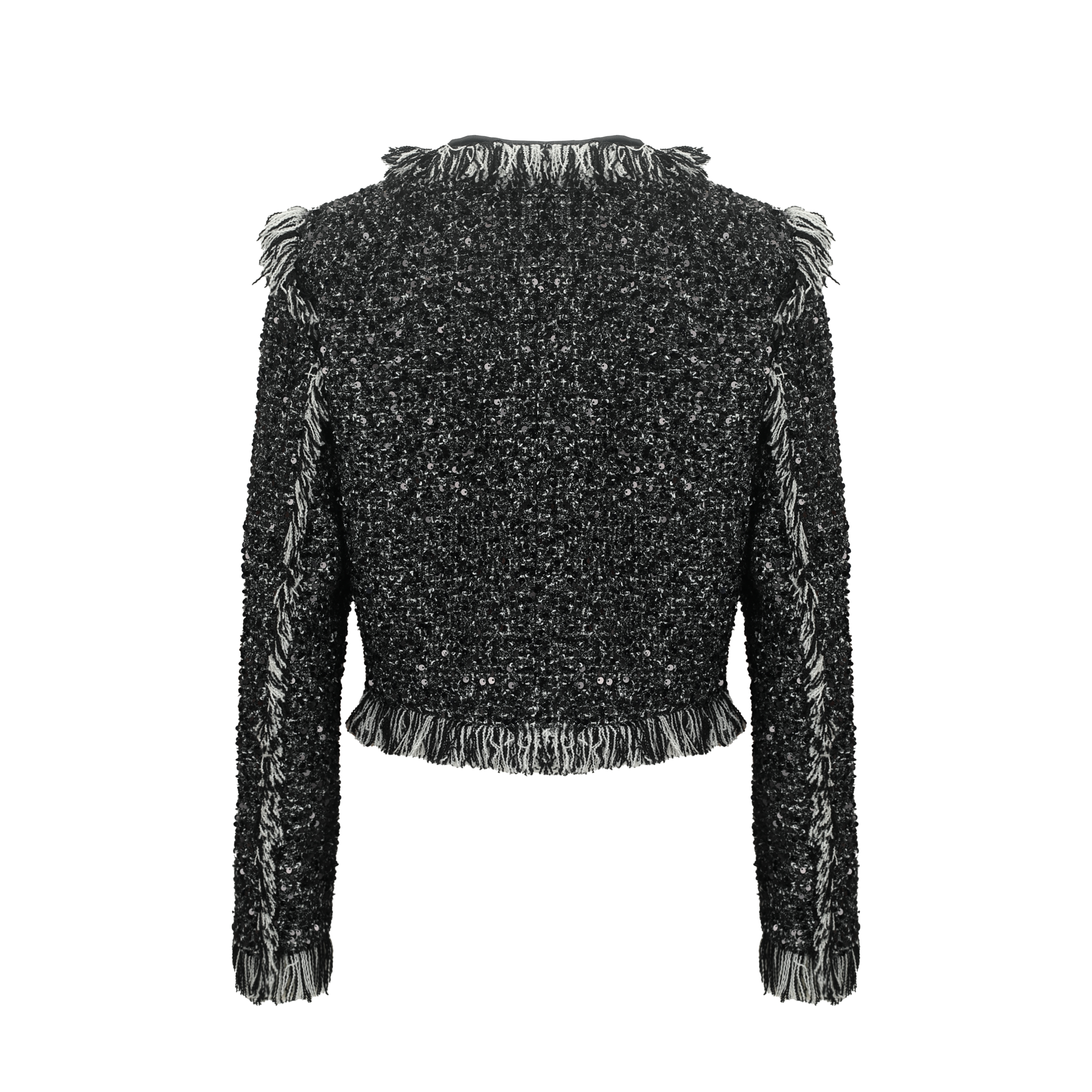 Black Fringe Raw-Edge Sequin Jacket