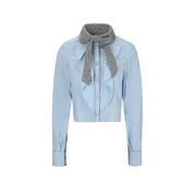 Blue Cropped Shirt with Detachable Knit Collar