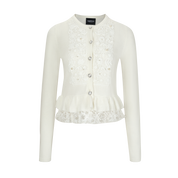 White Knit Cardigan with Pearl-Embellished Floral Accents