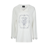 White Printed Lace Hoodie Fleece Long T-Shirt