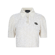 Ivory Sequin Polo Collar Cropped Top