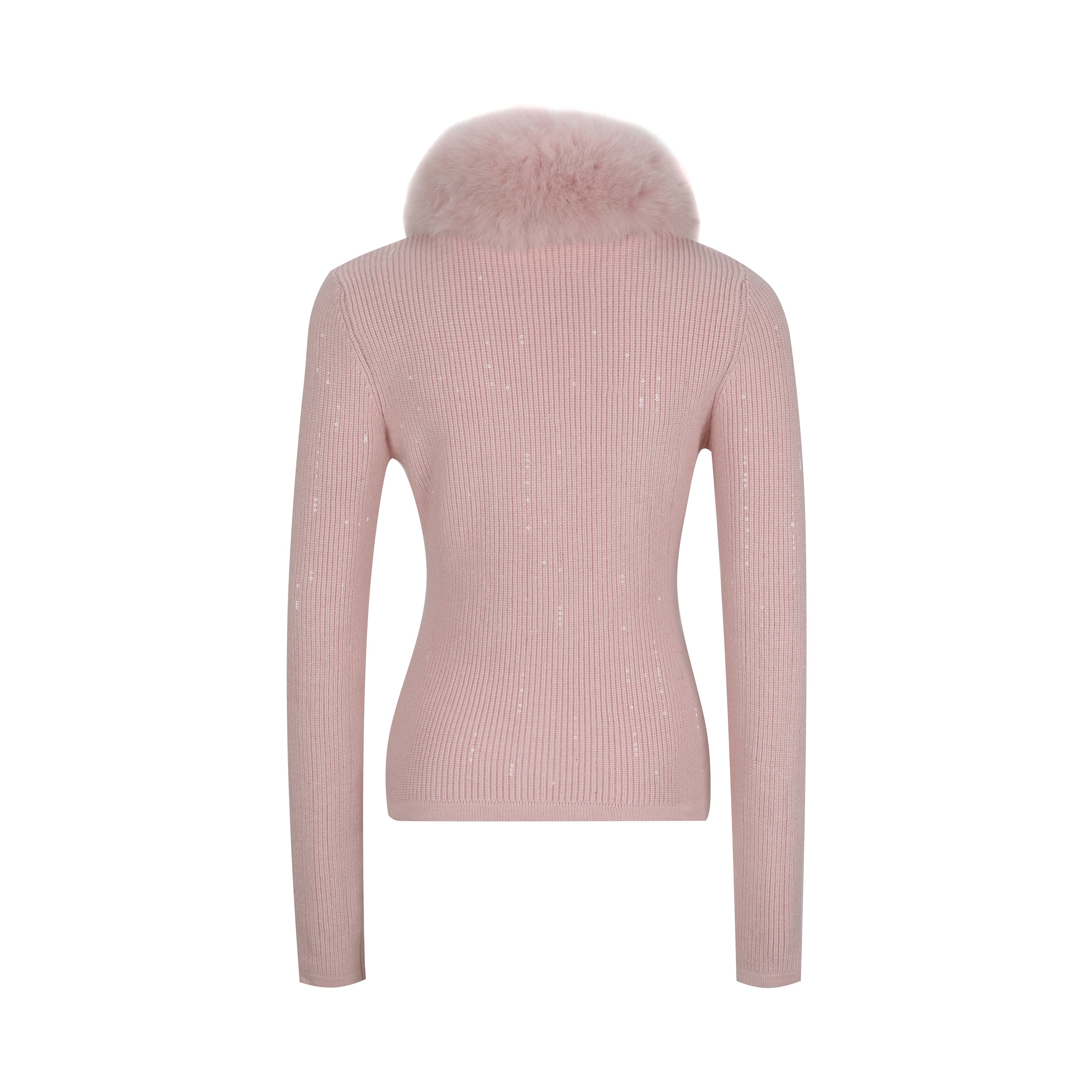 Pink Sequin Knit Cardigan with Fur Collar