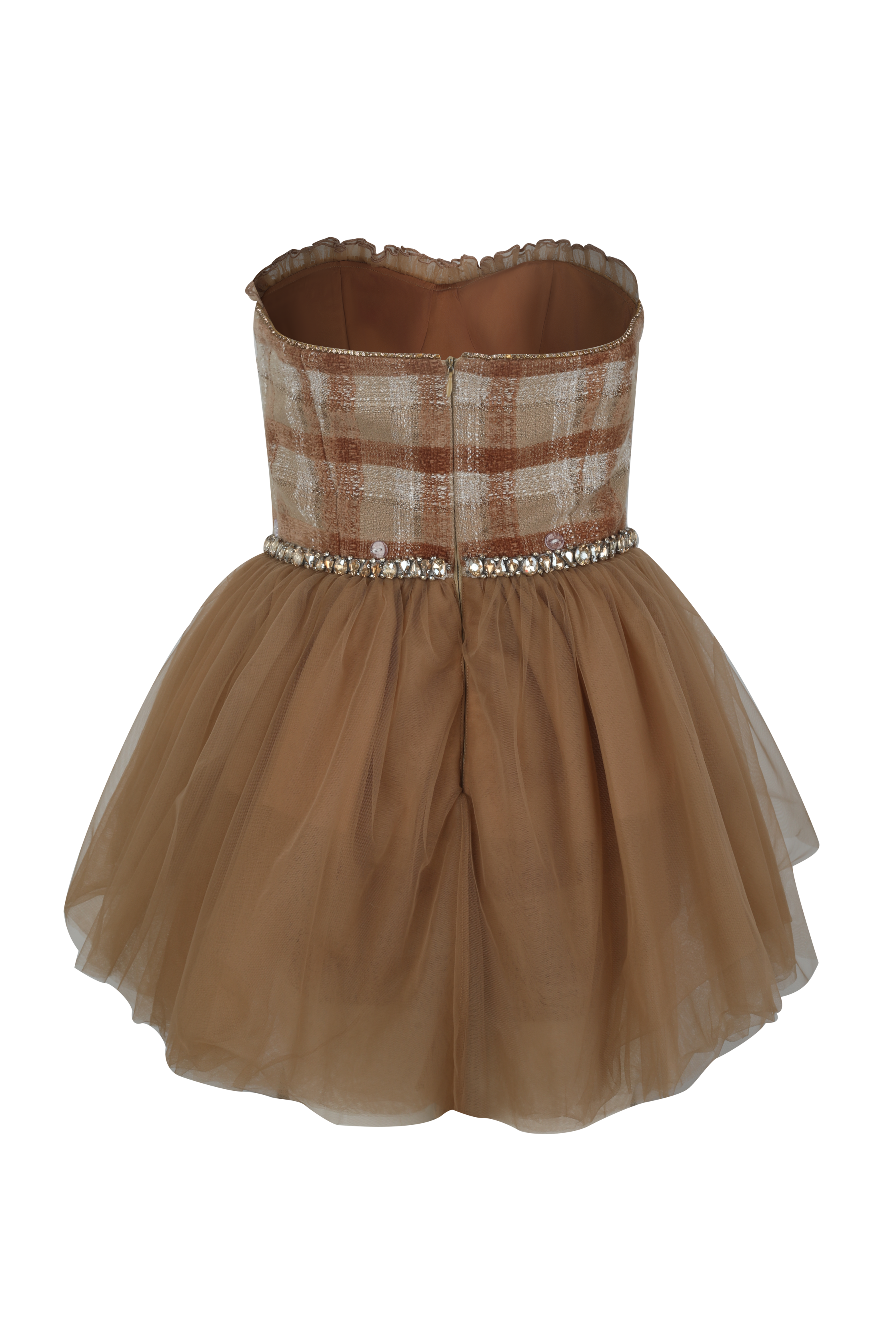 Brown Velvet Plaid Tube Dress