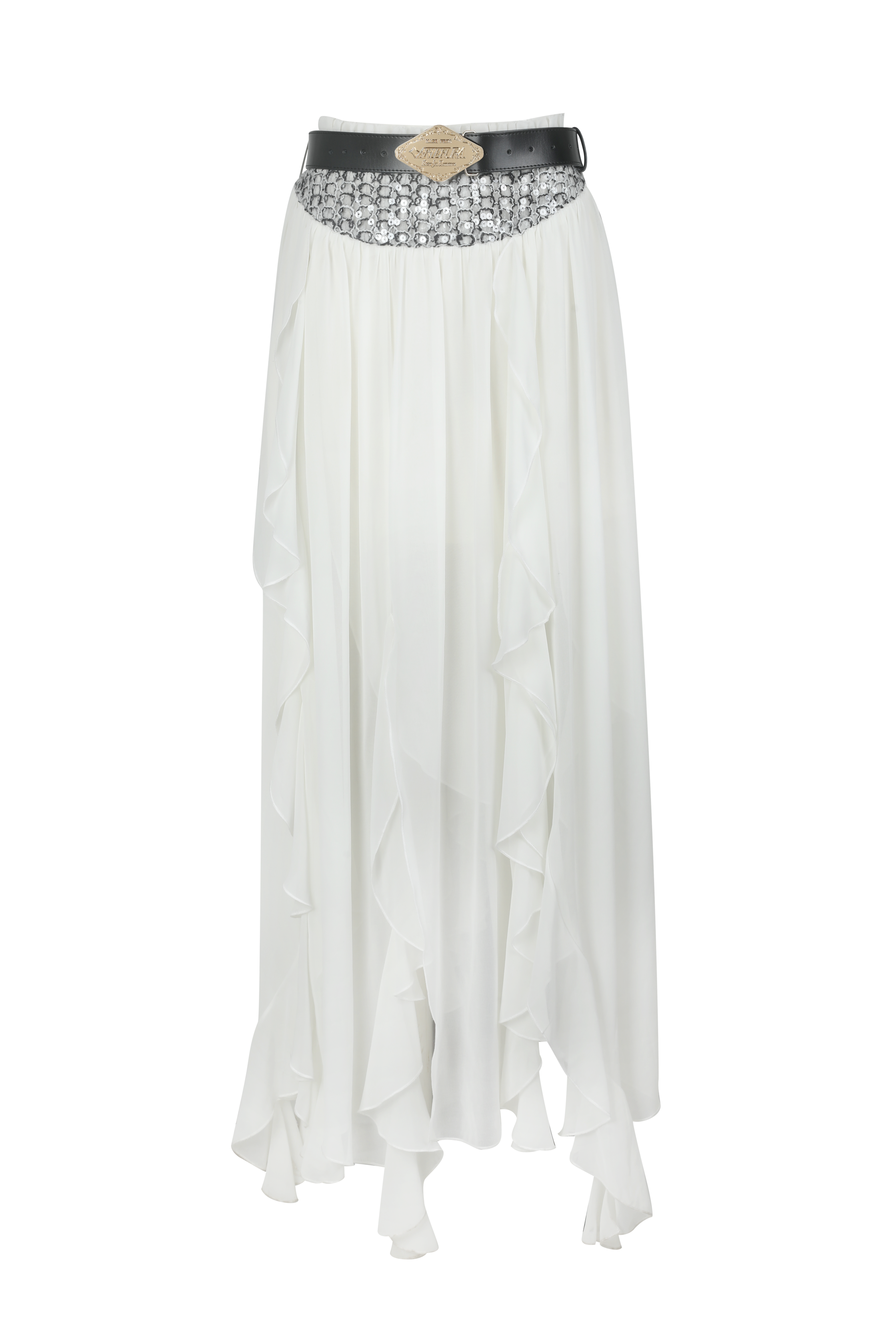 White Wavy-Hem Midi Skirt with Belt