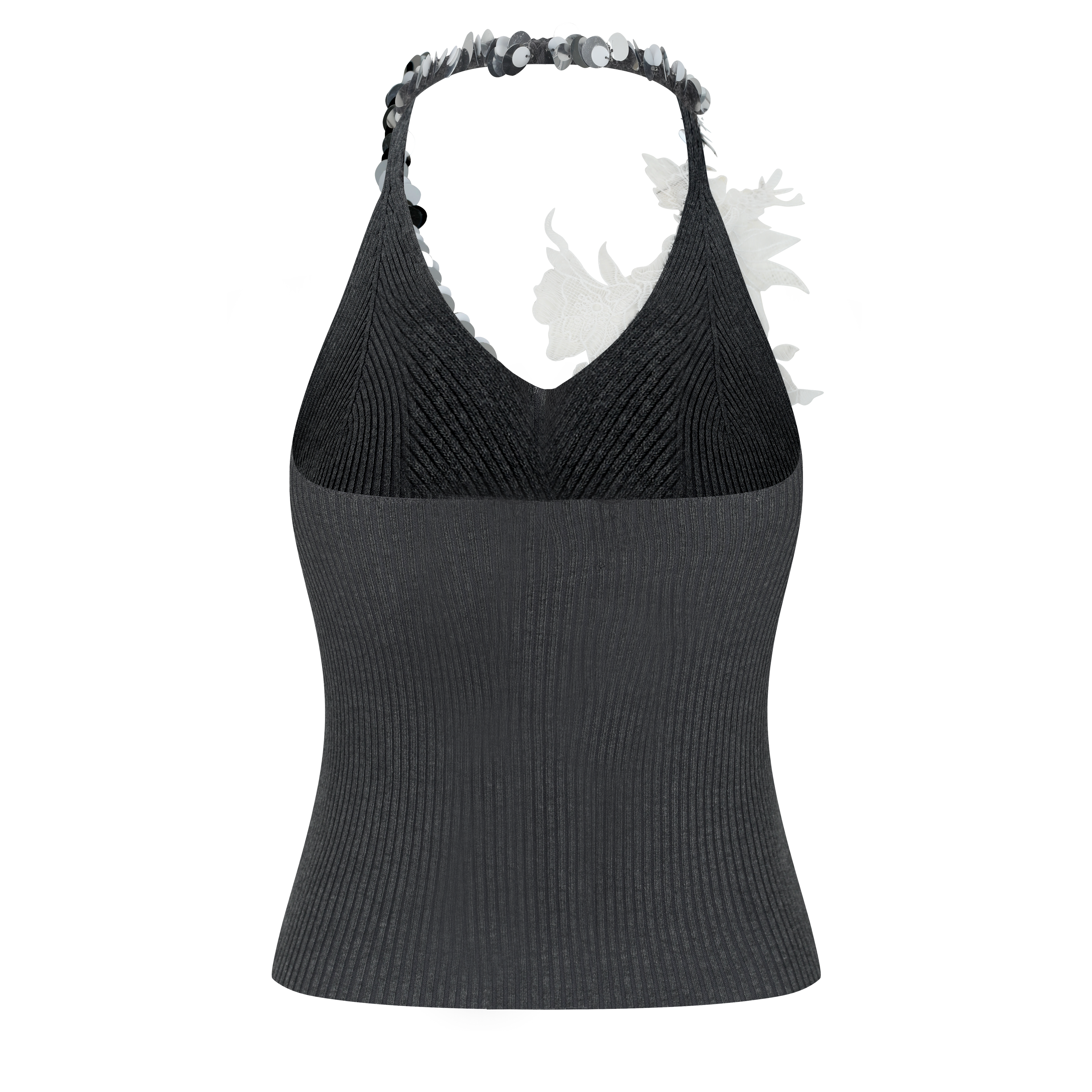 Grey Halter Knit Top with Lace and Sequin Detail