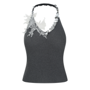 Black ribbed tank top with white lace detailing on a white background