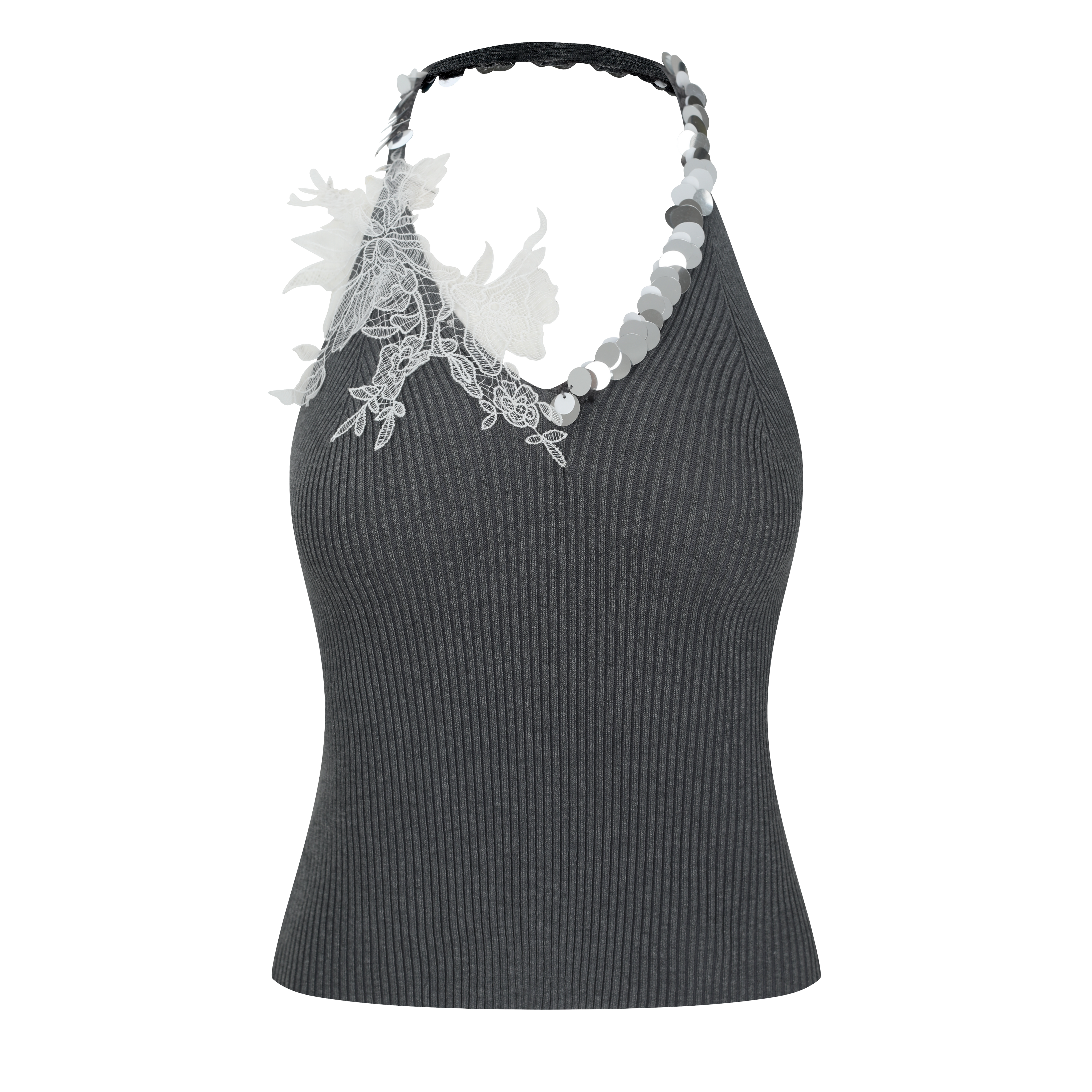 Black ribbed tank top with white lace detailing on a white background