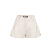 White shorts with a brand label on a white background