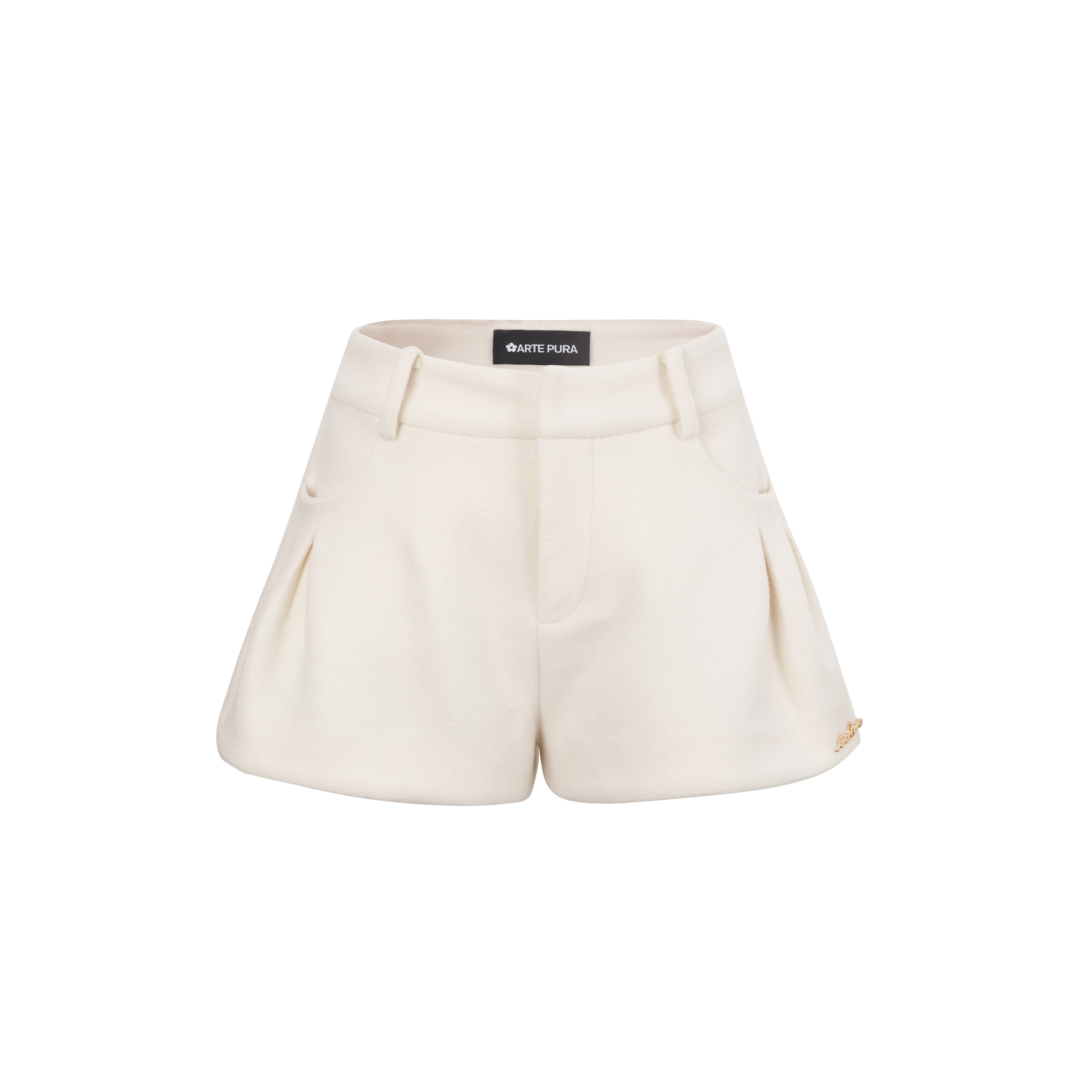 White shorts with a brand label on a white background