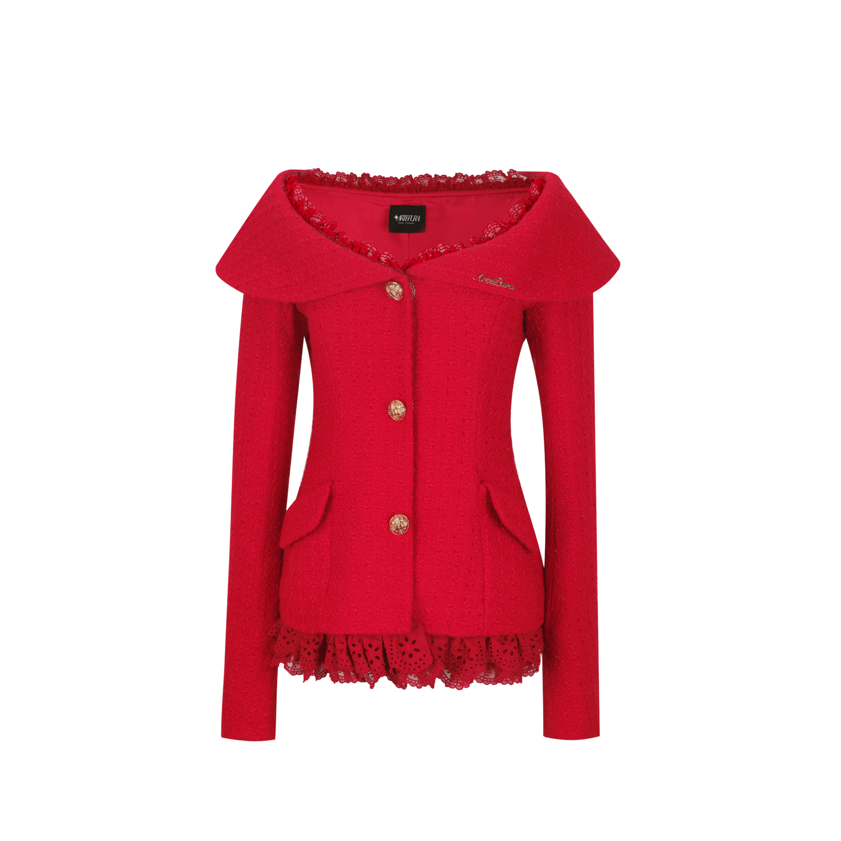 Red jacket with lace details on a white background