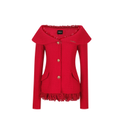 Red jacket with lace details on a white background