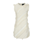 White sleeveless dress with ruffled details on a white background