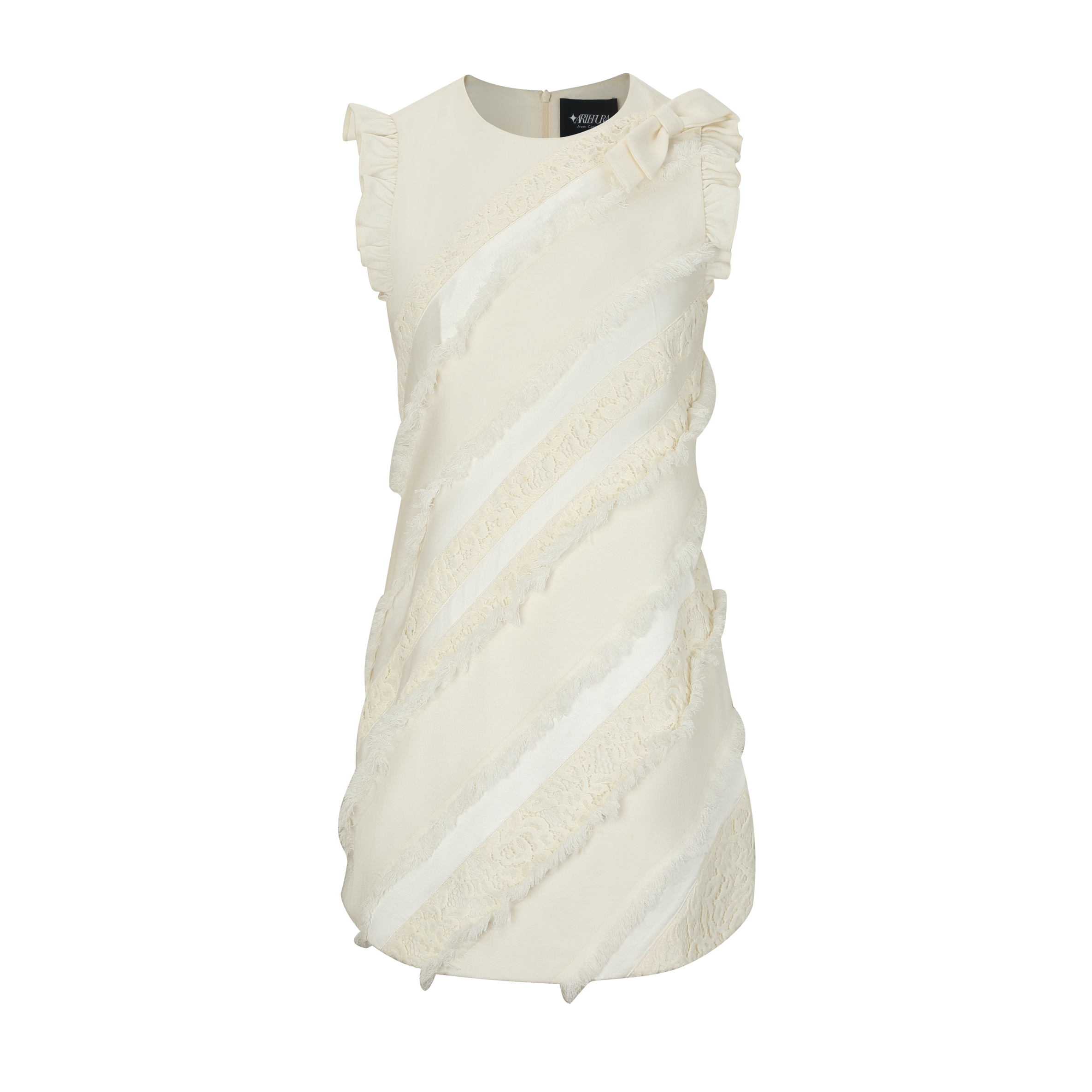 White sleeveless dress with ruffled details on a white background