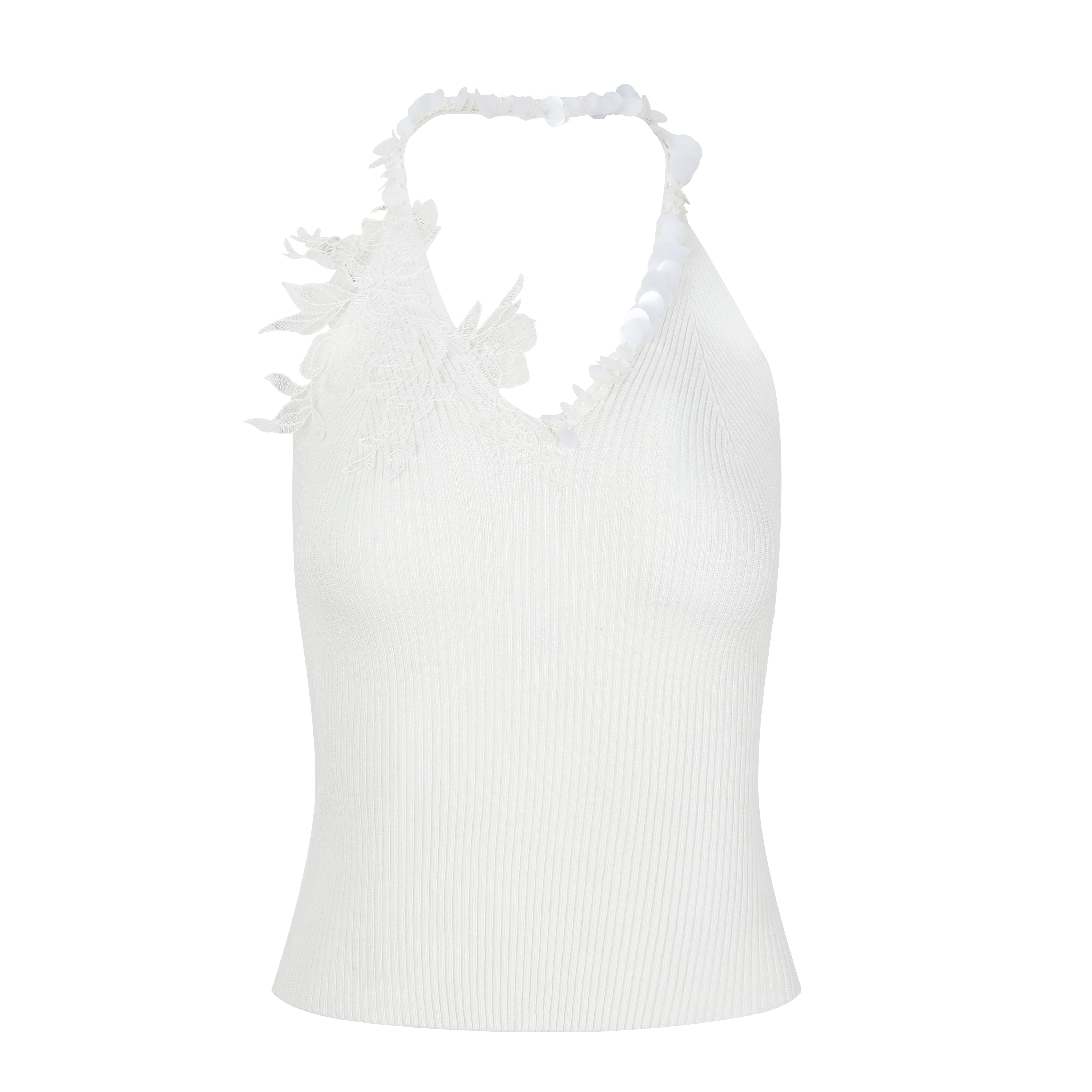 White halter top with ruffled details on a white background