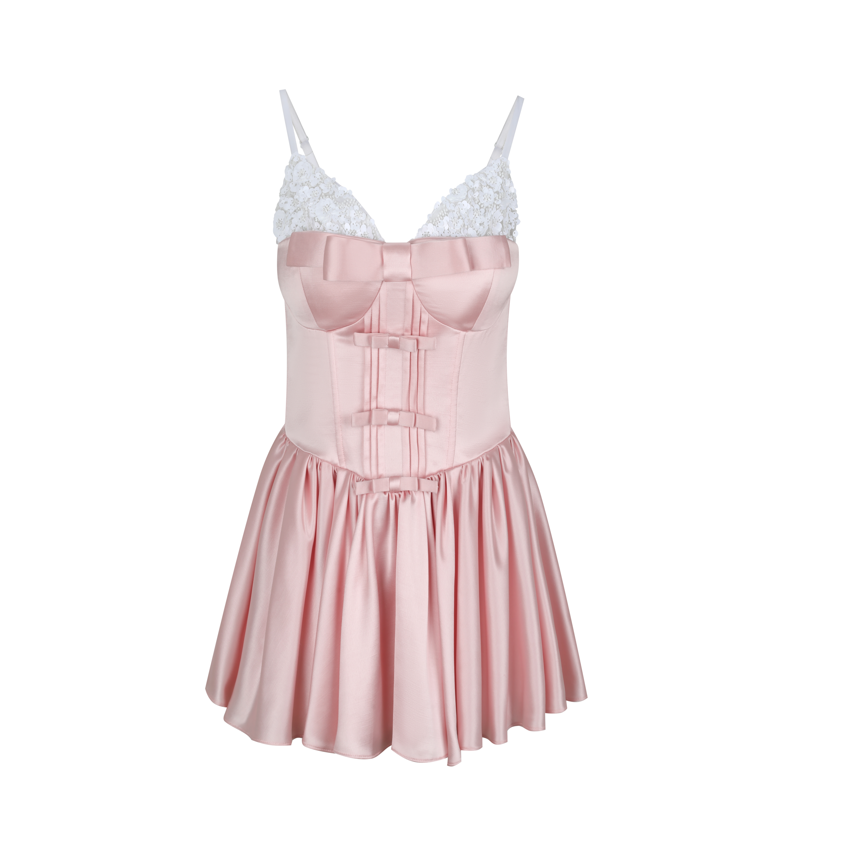 Pink satin nightgown with lace details on a white background
